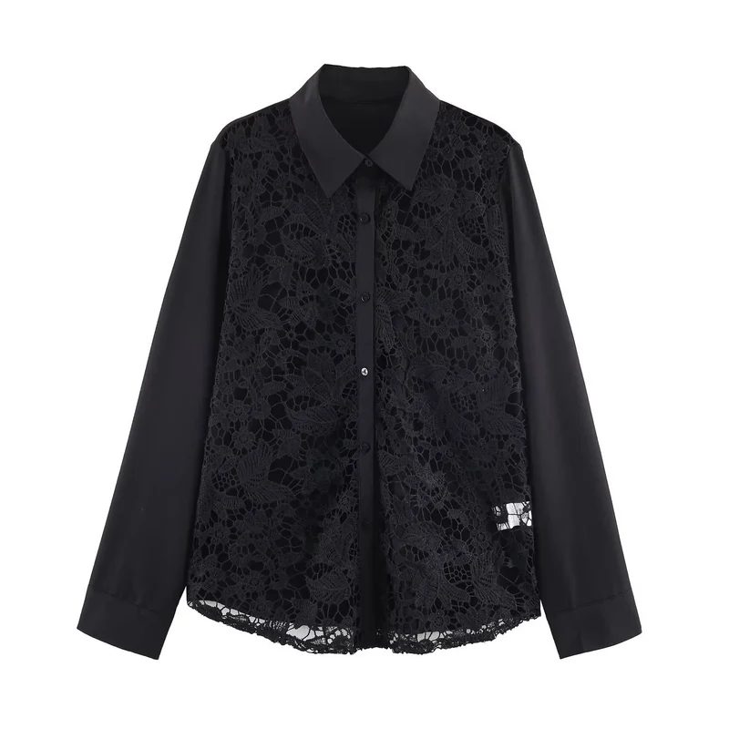 Damen Spitzenbluse mit floraler Spitze vorn, Satinärmeln und klassischem Hemdkragen Drune