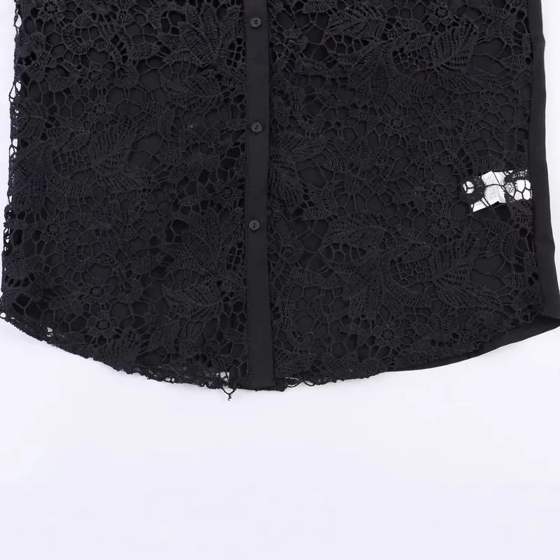 Damen Spitzenbluse mit floraler Spitze vorn, Satinärmeln und klassischem Hemdkragen Drune