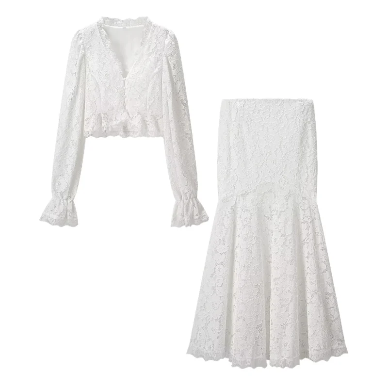 Damen Spitzen-Blusenjacke mit tailliertem Peplum und voluminösen Ballonärmeln Drune