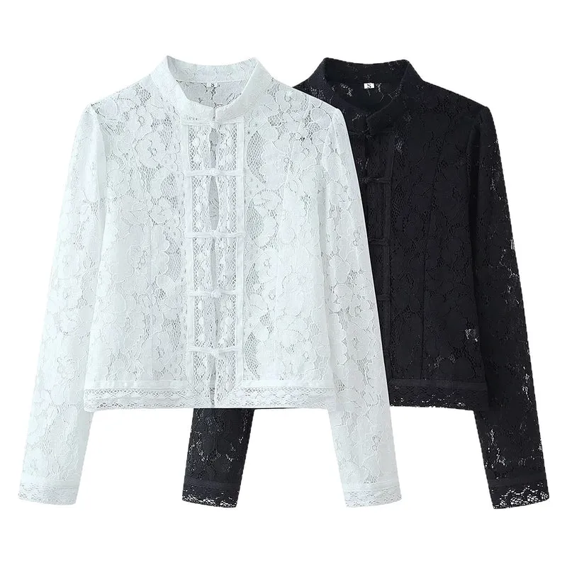Damen Spitze Jacke mit Stehkragen, chinesischen Knoten und transparentem Floral-Design Drune