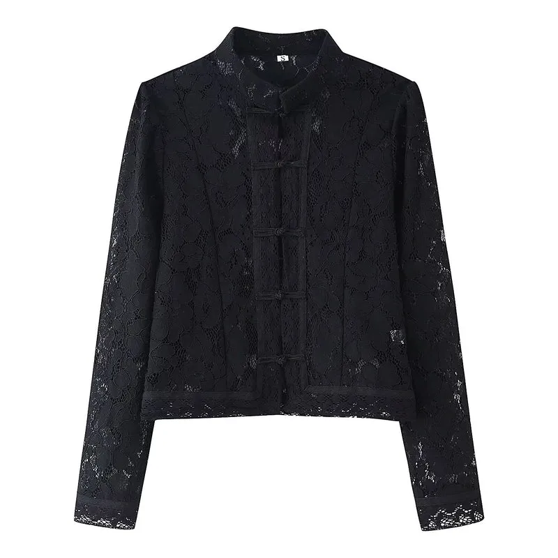 Damen Spitze Jacke mit Stehkragen, chinesischen Knoten und transparentem Floral-Design Drune