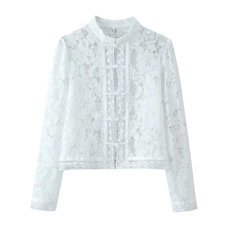 Damen Spitze Jacke mit Stehkragen, chinesischen Knoten und transparentem Floral-Design Drune