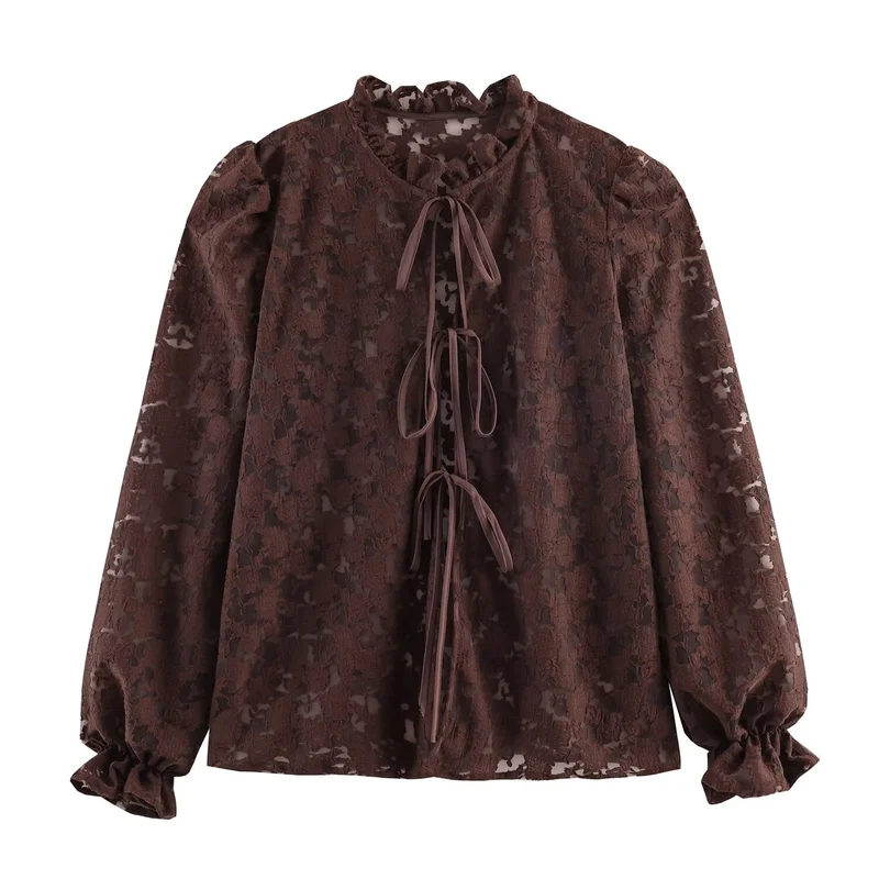 Damen Semi-transparente Jacquard‑Spitzenbluse mit Stehvolant, Kordelbindern und Ballonärmeln Drune
