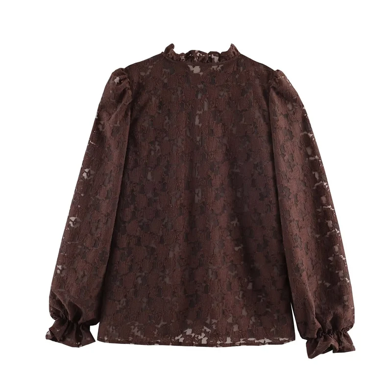 Damen Semi-transparente Jacquard‑Spitzenbluse mit Stehvolant, Kordelbindern und Ballonärmeln Drune
