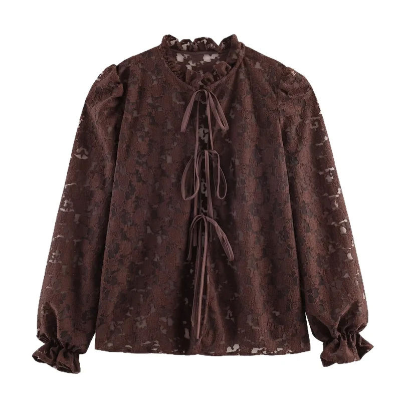 Damen Semi-transparente Jacquard‑Spitzenbluse mit Stehvolant, Kordelbindern und Ballonärmeln Drune