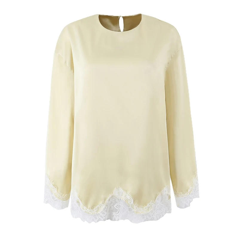 Damen Seidiges Langarmshirt mit Spitzenbesatz am Saum und Manschetten Drune