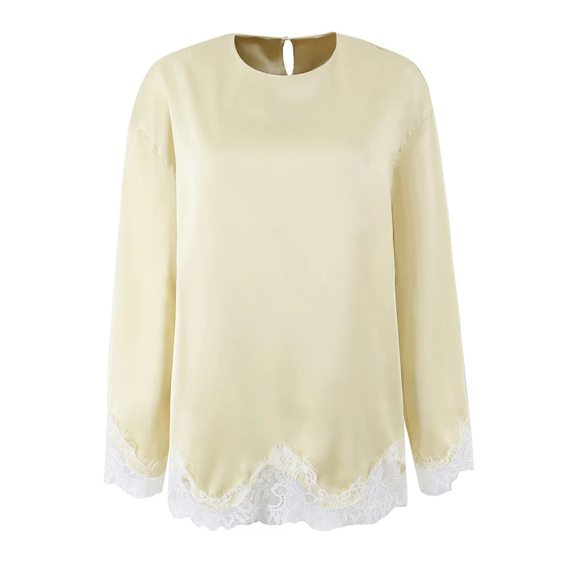 Damen Seidiges Langarmshirt mit Spitzenbesatz am Saum und Manschetten Drune