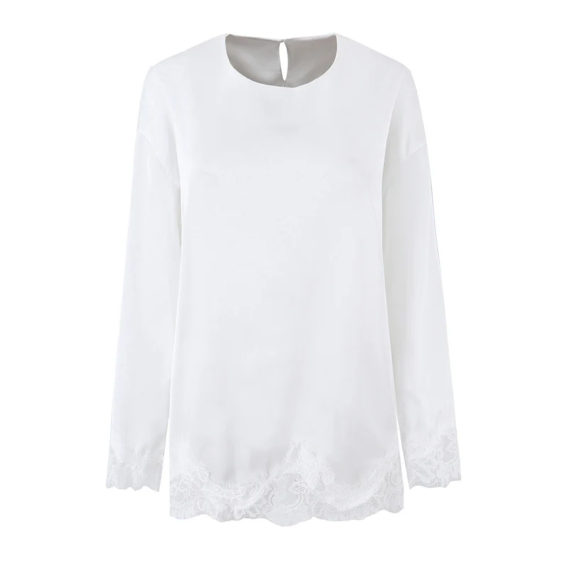 Damen Seidiges Langarmshirt mit Spitzenbesatz am Saum und Manschetten Drune