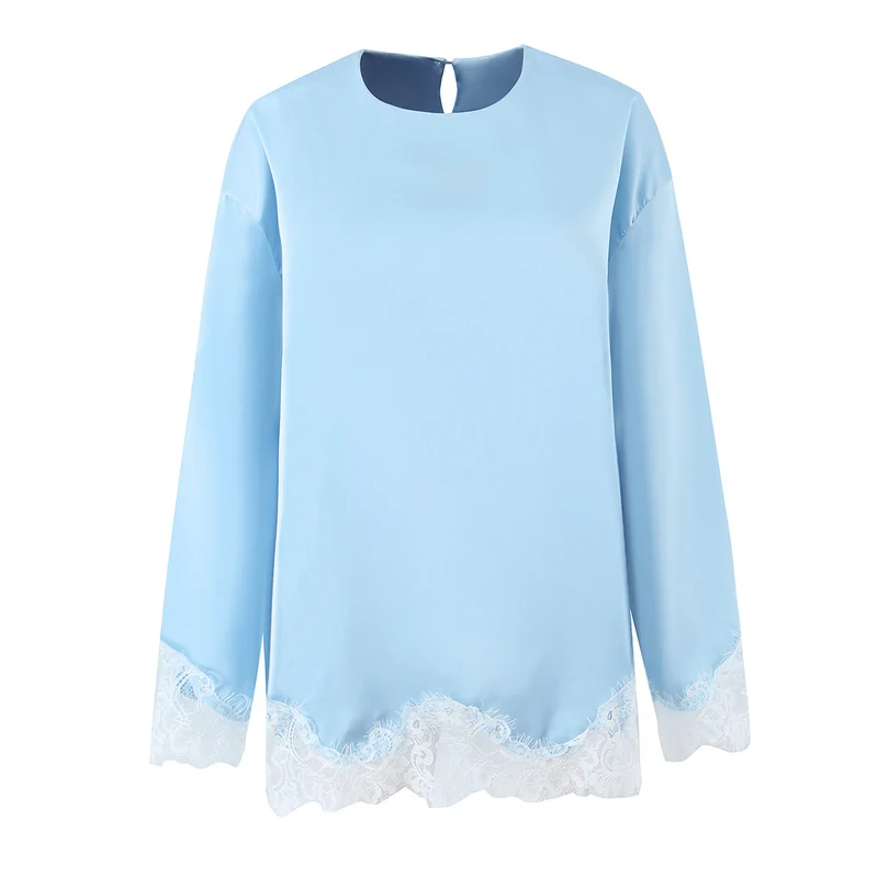 Damen Seidiges Langarmshirt mit Spitzenbesatz am Saum und Manschetten Drune