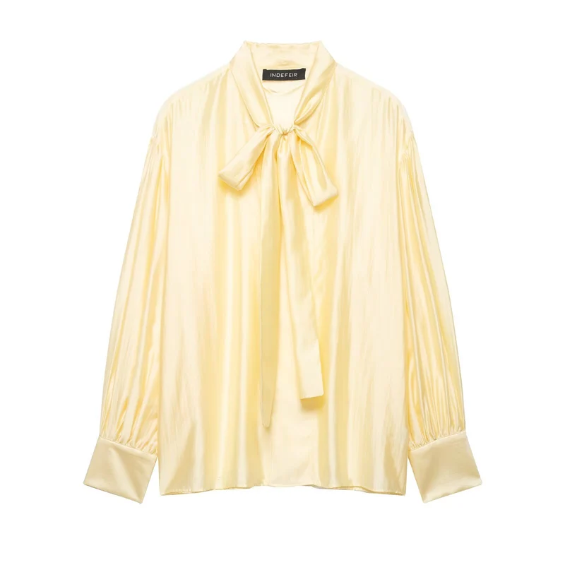 Damen Seidige Bluse mit Schleifenkragen und Ballonärmeln Drune