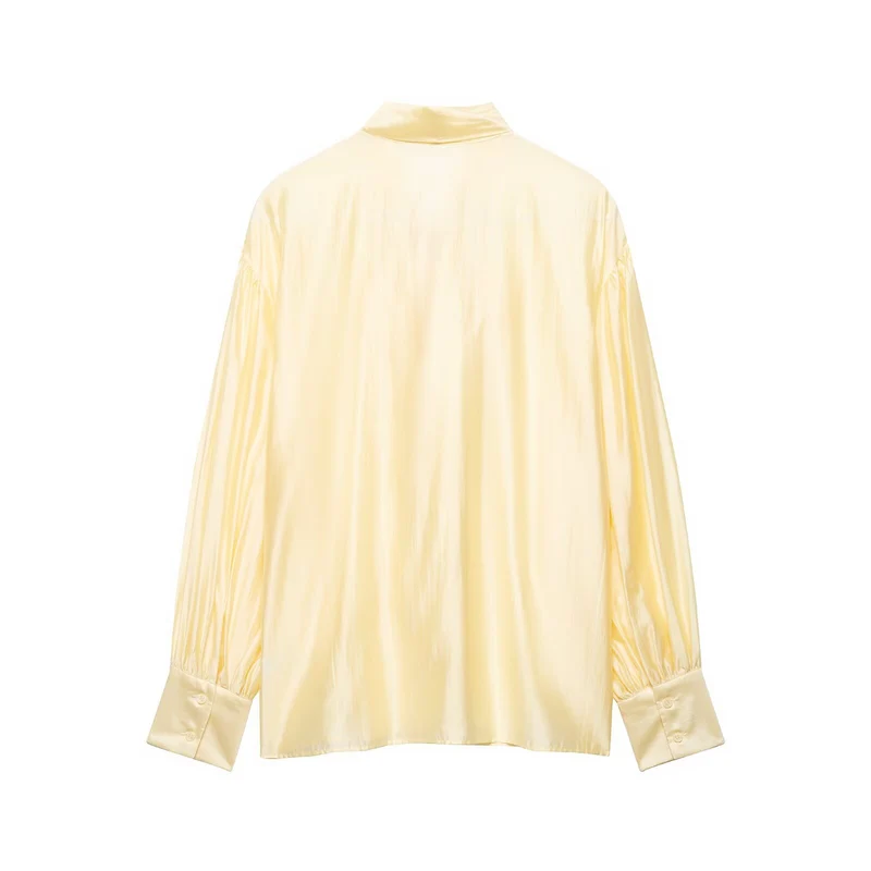 Damen Seidige Bluse mit Schleifenkragen und Ballonärmeln Drune