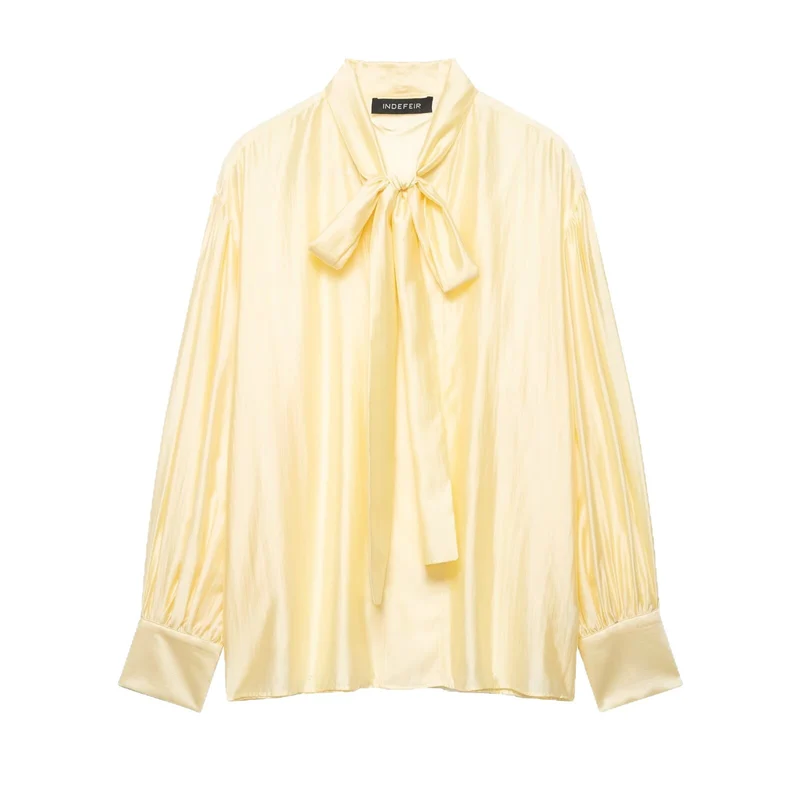 Damen Seidige Bluse mit Schleifenkragen und Ballonärmeln Drune