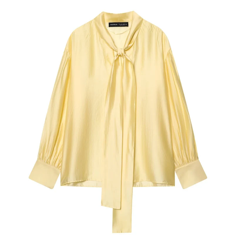 Damen Seidige Bluse mit Bindeschal und Ballonärmeln Drune