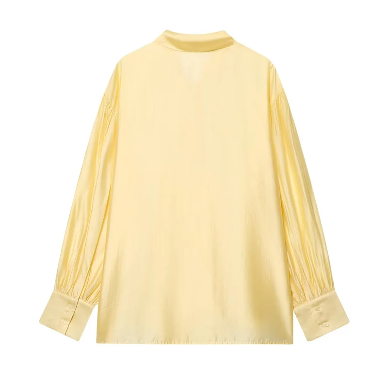 Damen Seidige Bluse mit Bindeschal und Ballonärmeln Drune
