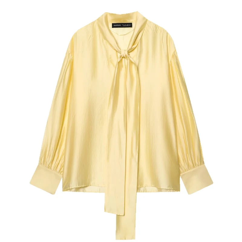 Damen Seidige Bluse mit Bindeschal und Ballonärmeln Drune