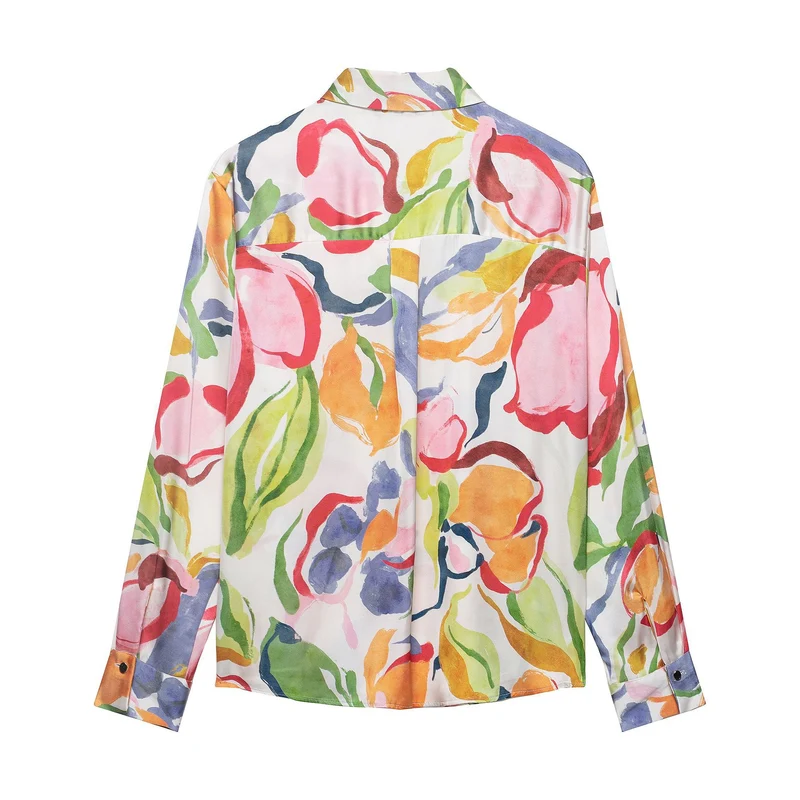 Damen Seidenimitat-Bluse mit Aquarell-Print und Hemdkragen Drune