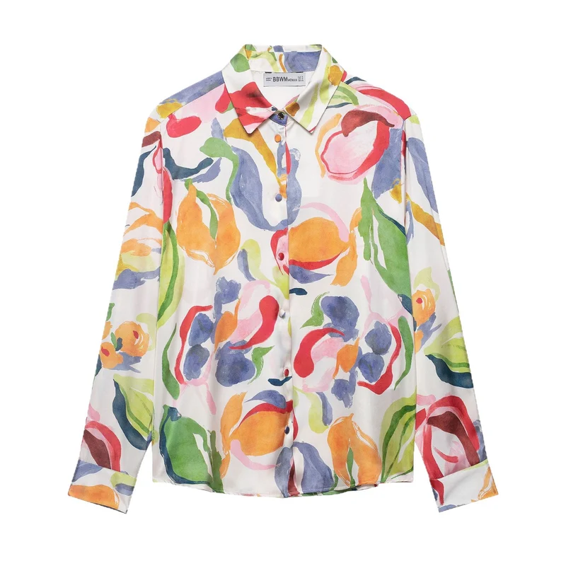 Damen Seidenimitat-Bluse mit Aquarell-Print und Hemdkragen Drune