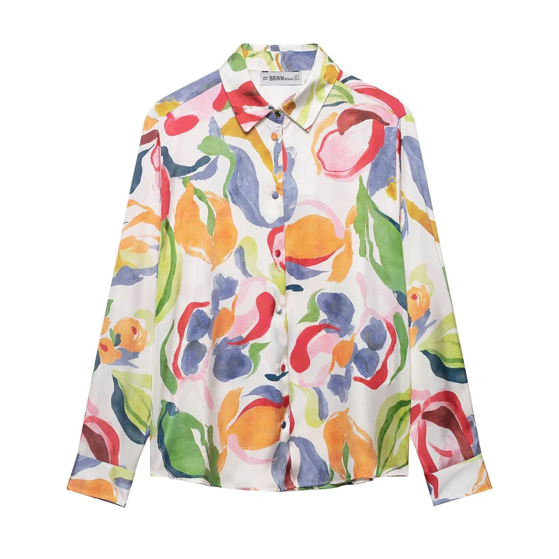Damen Seidenimitat-Bluse mit Aquarell-Print und Hemdkragen Drune