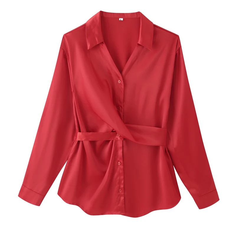 Damen Seidenglänzende Hemdbluse mit Bindegürtel und taillierendem Wickeldetail Drune