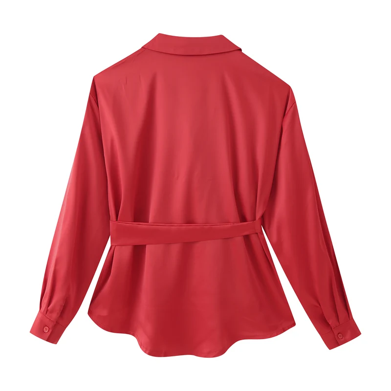 Damen Seidenglänzende Hemdbluse mit Bindegürtel und taillierendem Wickeldetail Drune