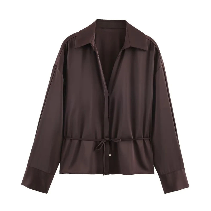 Damen Seidenähnliche Oversize-Hemdjacke mit Tunnelzugtaillierung und breiten Manschetten Drune