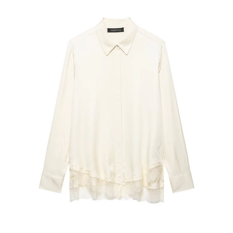 Damen Seidenähnliche Bluse mit verdeckter Knopfleiste und Spitzenbesatz Drune