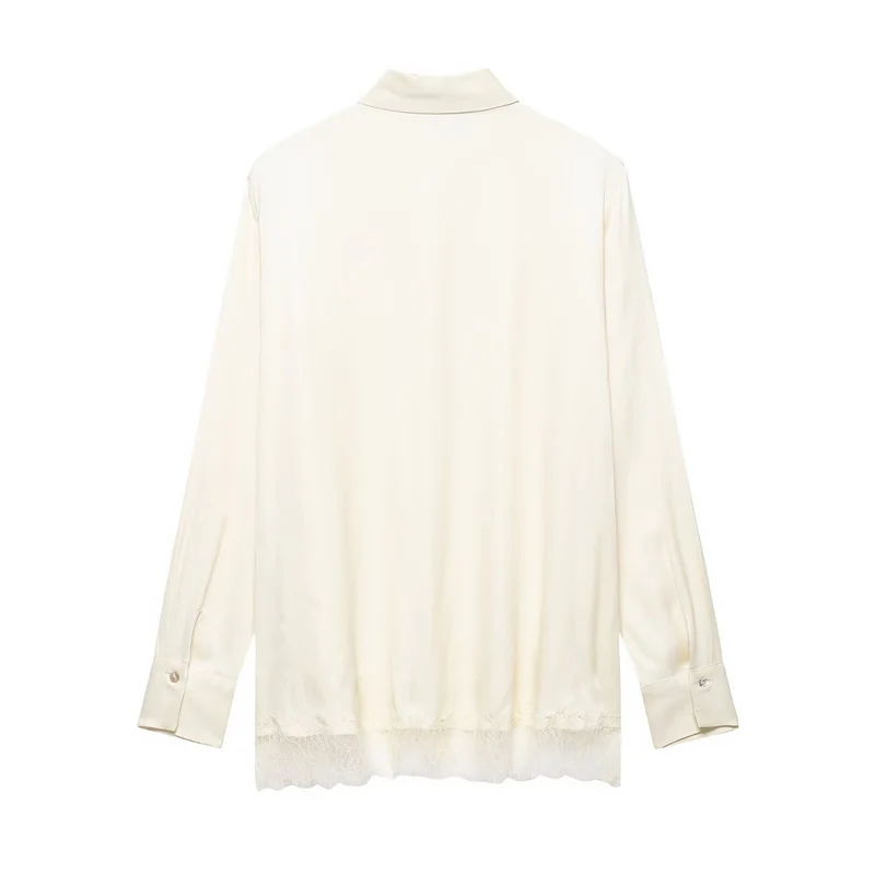 Damen Seidenähnliche Bluse mit verdeckter Knopfleiste und Spitzenbesatz Drune