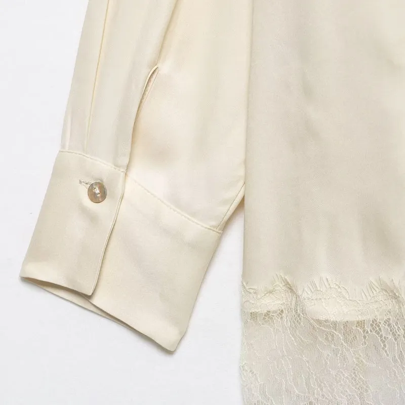 Damen Seidenähnliche Bluse mit verdeckter Knopfleiste und Spitzenbesatz Drune