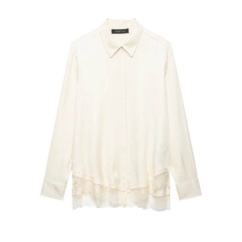 Damen Seidenähnliche Bluse mit verdeckter Knopfleiste und Spitzenbesatz Drune