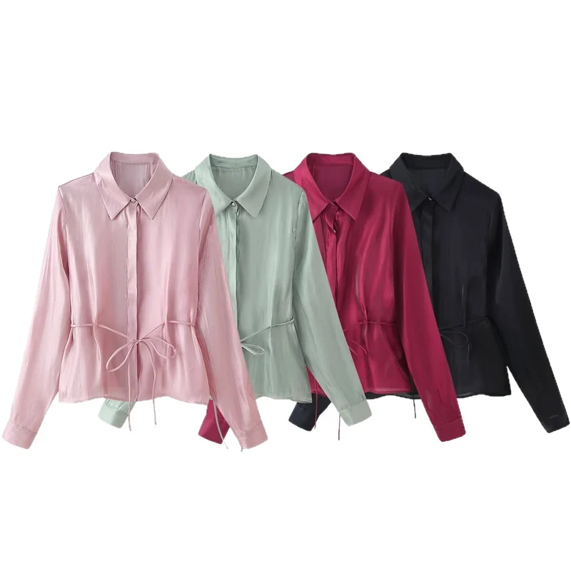 Damen Seidenähnliche Bluse mit Taillen-Zugband und verdeckter Knopfleiste Drune
