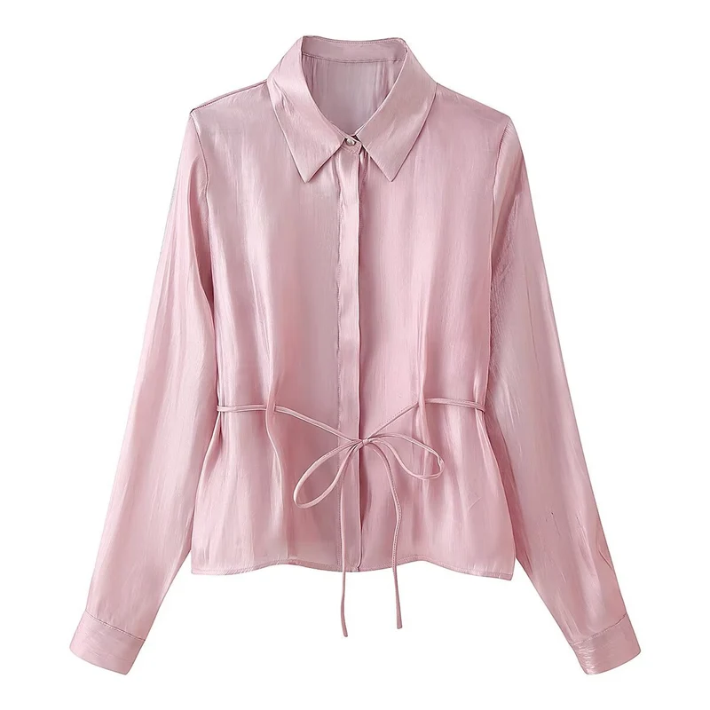 Damen Seidenähnliche Bluse mit Taillen-Zugband und verdeckter Knopfleiste Drune