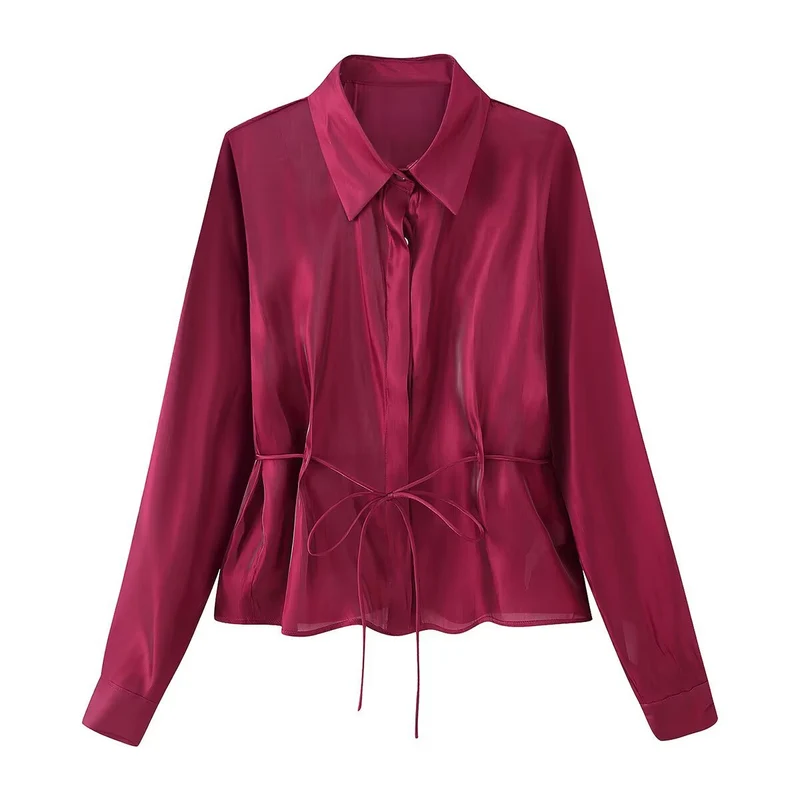 Damen Seidenähnliche Bluse mit Taillen-Zugband und verdeckter Knopfleiste Drune