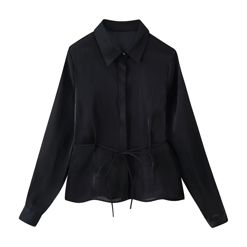 Damen Seidenähnliche Bluse mit Taillen-Zugband und verdeckter Knopfleiste Drune