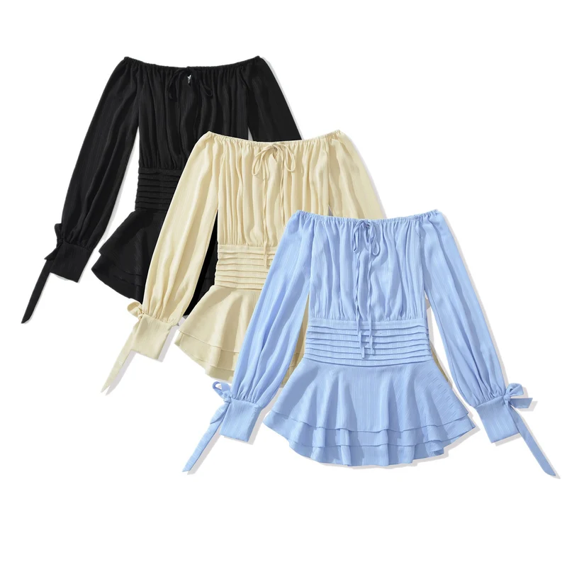 Damen Schulterfreies Off-Shoulder-Blusen- und Plissee-Minirock-Set aus Leichtstoff Drune