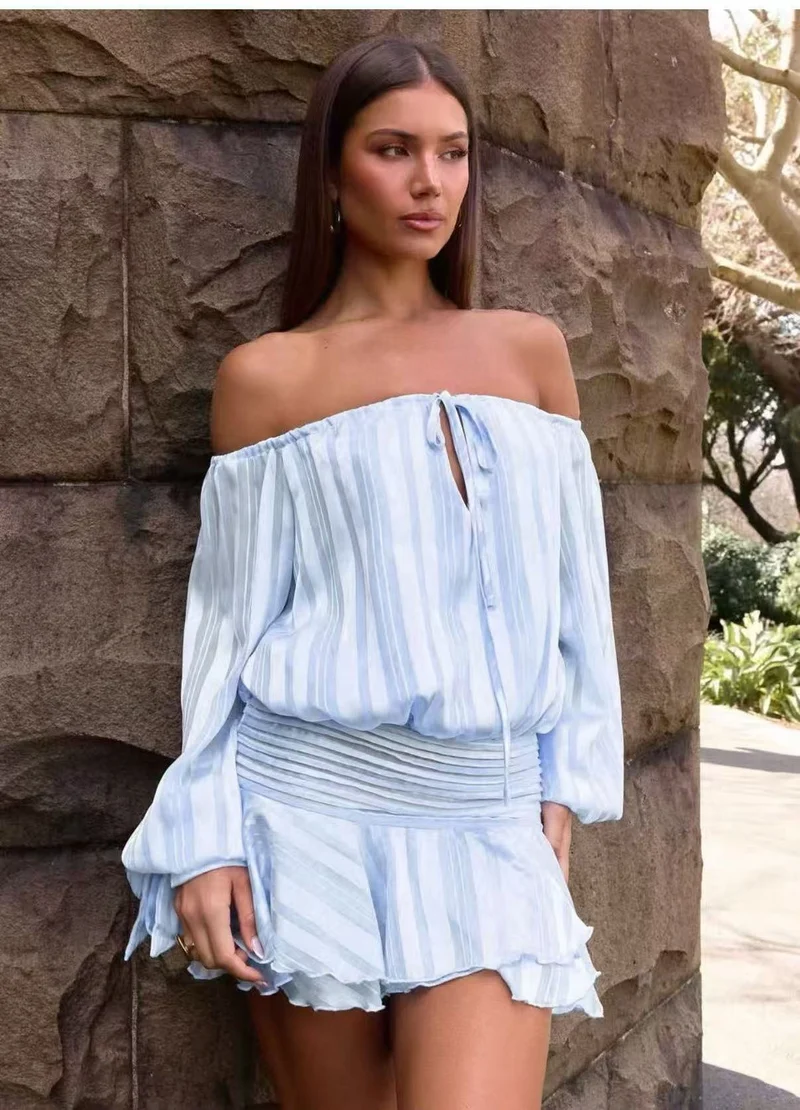Damen Schulterfreies Off-Shoulder-Blusen- und Plissee-Minirock-Set aus Leichtstoff Drune