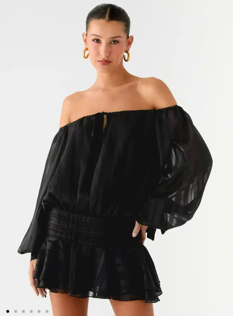 Damen Schulterfreies Off-Shoulder-Blusen- und Plissee-Minirock-Set aus Leichtstoff Drune