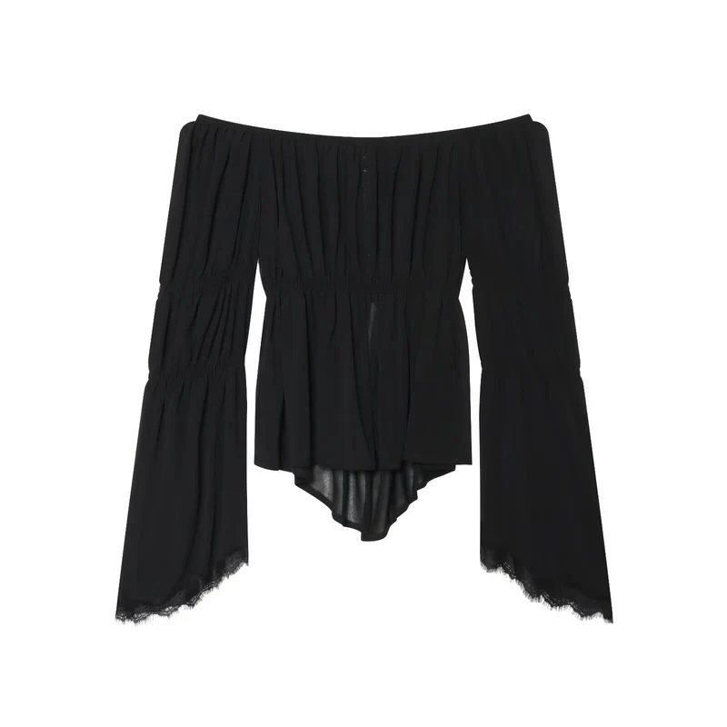 Damen Schulterfreies Chiffon-Top mit Carmen-Ausschnitt, geraffter Taille und voluminösen Volantärmeln Drune