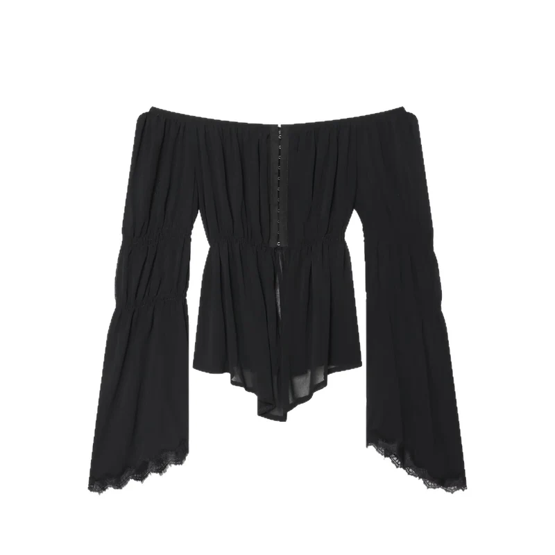 Damen Schulterfreies Chiffon-Top mit Carmen-Ausschnitt, geraffter Taille und voluminösen Volantärmeln Drune
