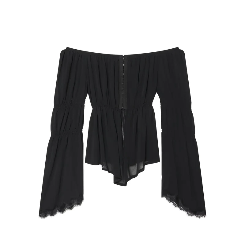Damen Schulterfreies Chiffon-Top mit Carmen-Ausschnitt, geraffter Taille und voluminösen Volantärmeln Drune