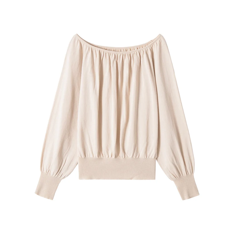 Damen Schulterfreier Strickpullover mit Ballonärmeln und breitem Rippbund Drune