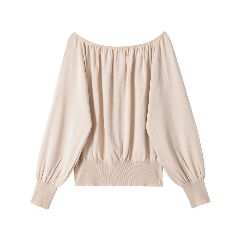 Damen Schulterfreier Strickpullover mit Ballonärmeln und breitem Rippbund Drune
