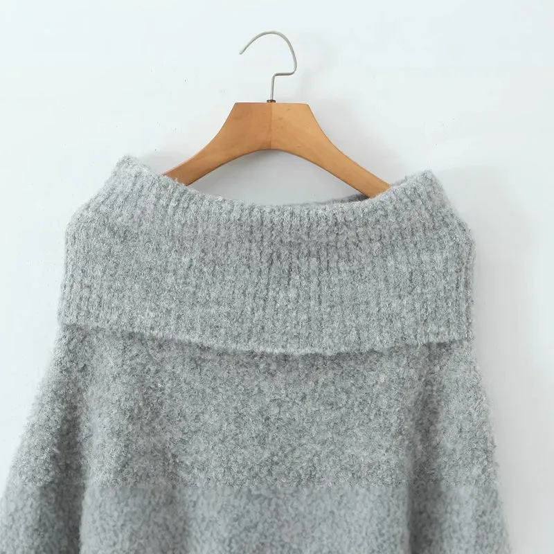 Damen Schulterfreier Oversized-Strickpullover mit weitem Umschlagkragen und voluminösen Ärmeln Drune