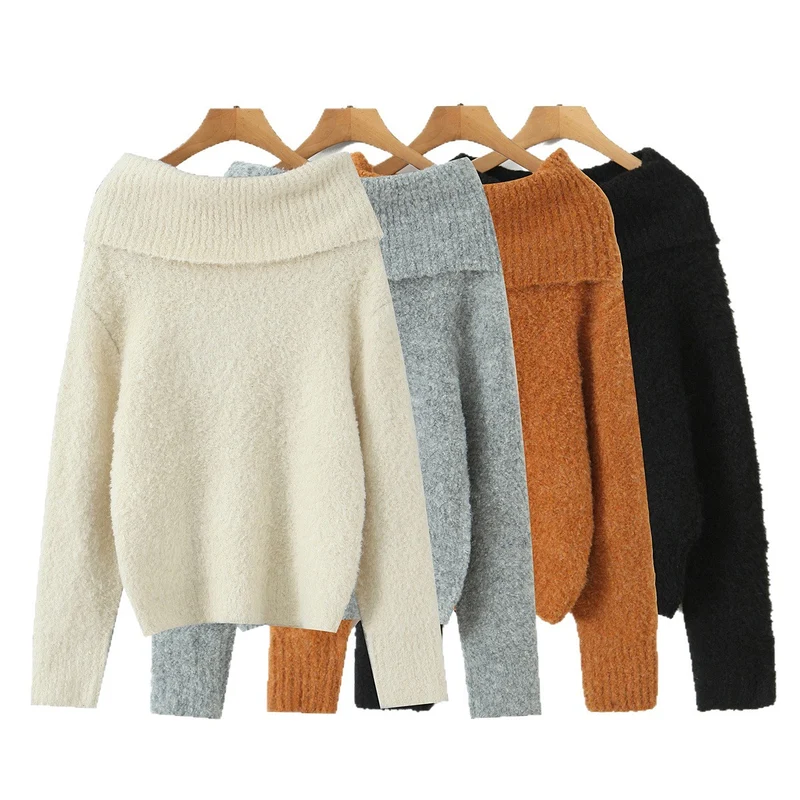 Damen Schulterfreier Oversized-Strickpullover mit weitem Umschlagkragen und voluminösen Ärmeln Drune
