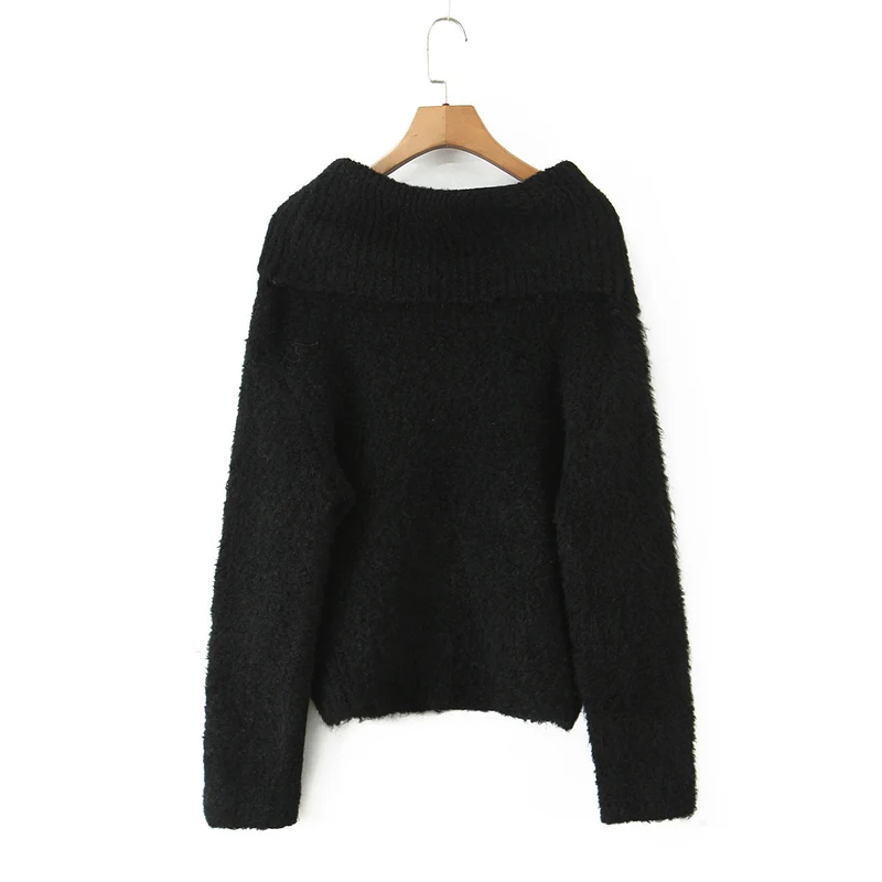 Damen Schulterfreier Oversized-Strickpullover mit weitem Umschlagkragen und voluminösen Ärmeln Drune