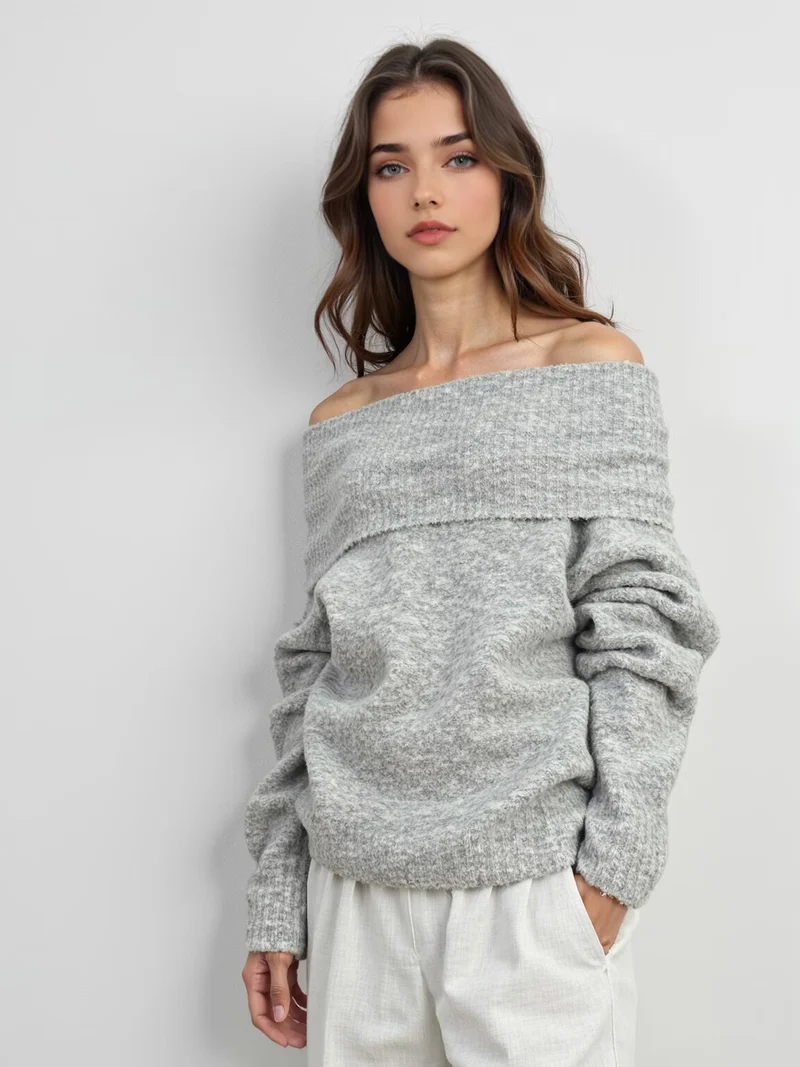 Damen Schulterfreier Oversized-Strickpullover mit weitem Umschlagkragen und voluminösen Ärmeln Drune