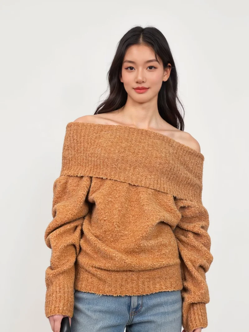 Damen Schulterfreier Oversized-Strickpullover mit weitem Umschlagkragen und voluminösen Ärmeln Drune