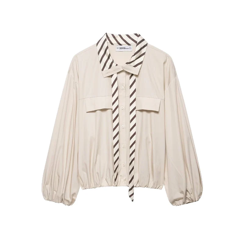 Damen Schluppenbluse im Cropped‑Boxy‑Schnitt mit Ballonärmeln und kontrastierter Schluppenblende Drune