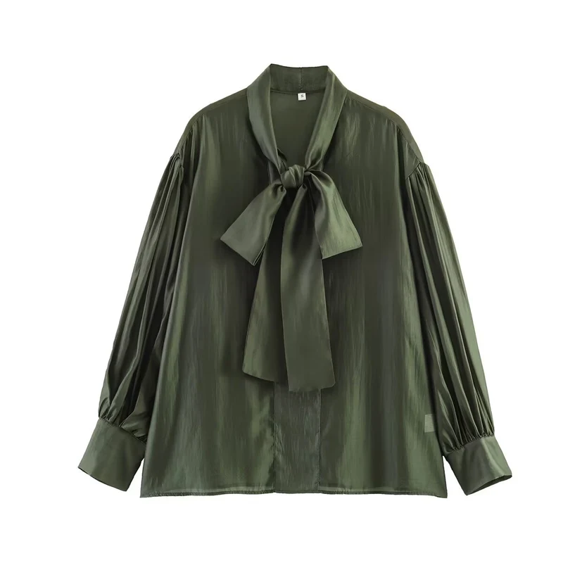 Damen Schluppenbluse aus glänzendem Satin mit voluminösen Ballonärmeln Drune