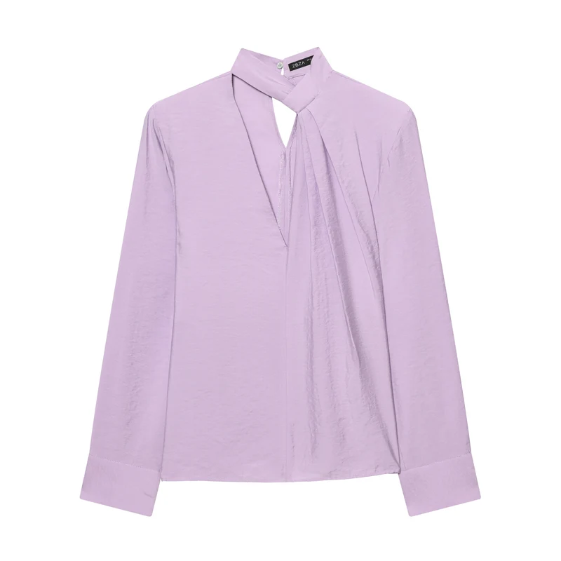 Damen Schlupfbluse mit gebundener Schluppe und tiefem V‑Ausschnitt Drune