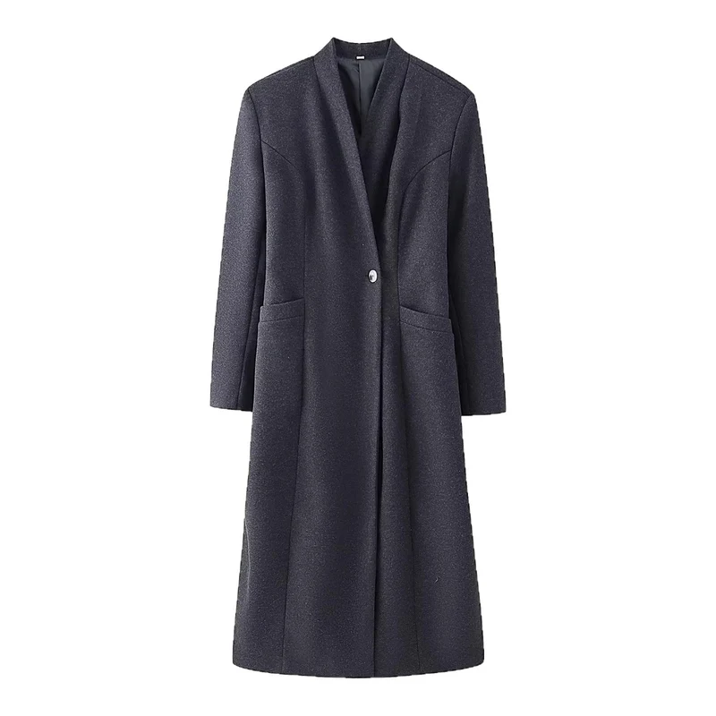 Damen Schlichter Midi-Mantel aus Wollmix mit V‑Kragen, Taillierungsnähten und seitlichen Eingrifftaschen Drune